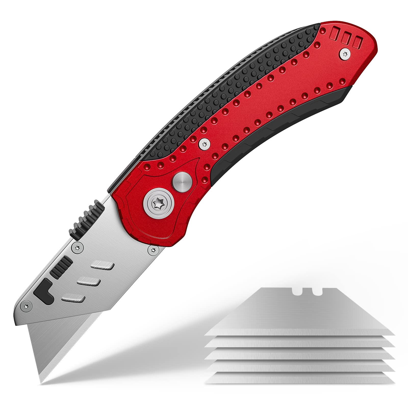 Folding Utility Knife, Heavy Duty Retractable and Folding Box Cutter for Cartons Cardboard and Boxes, Anti-slip Metal Body, SK5 Quick Blade Change Box Cutter, with Safety Lock and 5 Extra Blades - Red