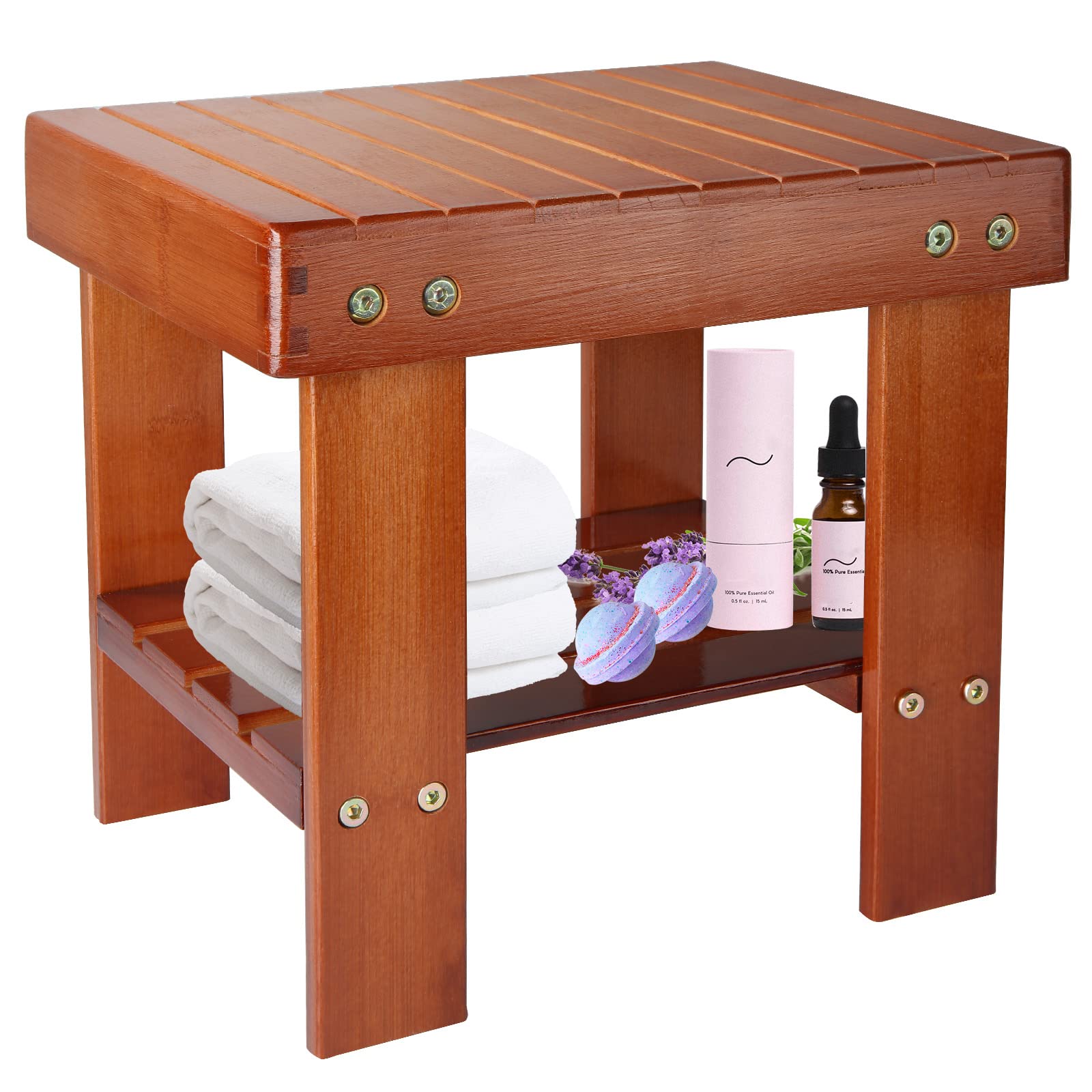 Bamboo Shower Bench Spa Stool 14 Inch Waterproof Shower Benches for Inside Shower with Storage Shelf, Small Wooden Seat Stool for Kids, Bathroom, Bedroom Kitchen Mudroom Foyer Entryway Shoe Bench