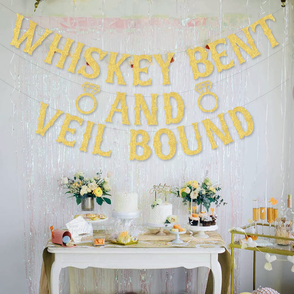 Nashville Bachelorette Party Decorations, Whiskey Bent and Veil Bound Banner Gold for Bridal Shower Engagement Party Supplies