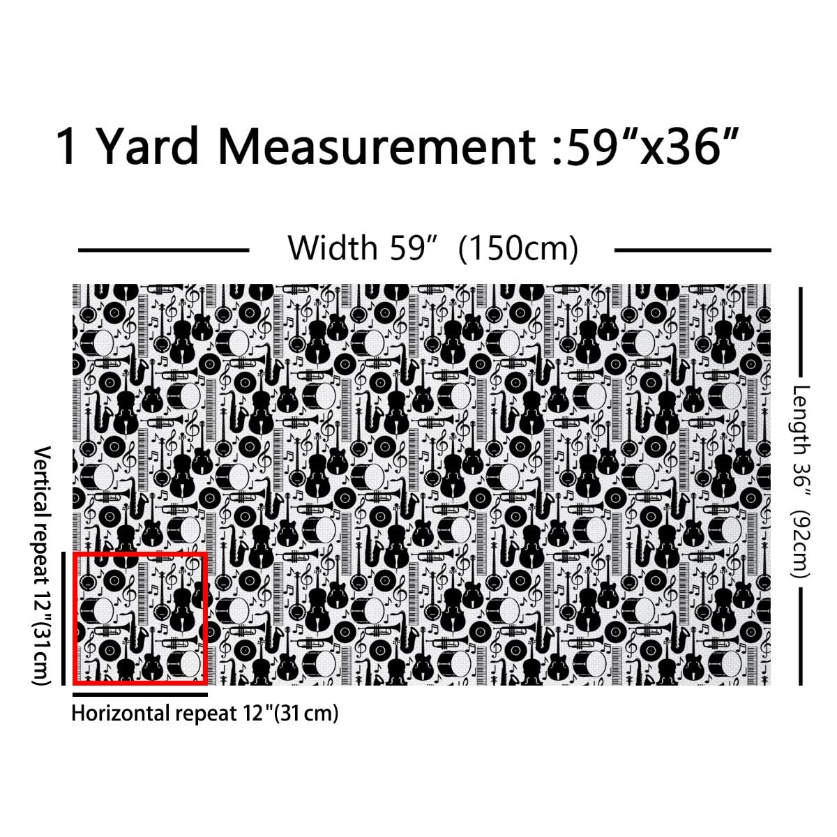 Music Fabric by The Yard, Guitar Upholstery Fabric, Musical Note Decorative Fabric, Rock Instrument Indoor Outdoor Fabric, Key Cello Record Drum Tuba DIY Art Waterproof Fabric, Black White, 1 Yard