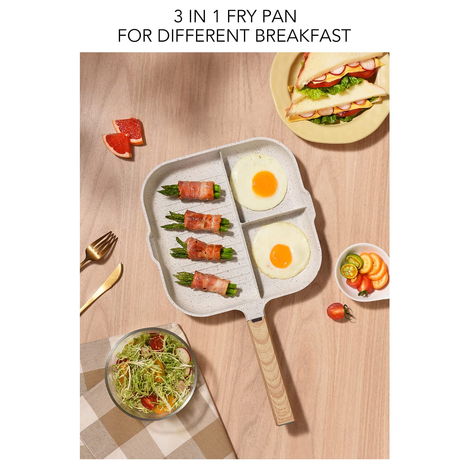 Zerodis 3 in 1 Frying Pan, Aluminum Alloy Partitioned Non Stick 3 Section Divided Breakfast Pan Grill Pan Partitioned Multifunction Kitchen Egg Pan for Breakfast