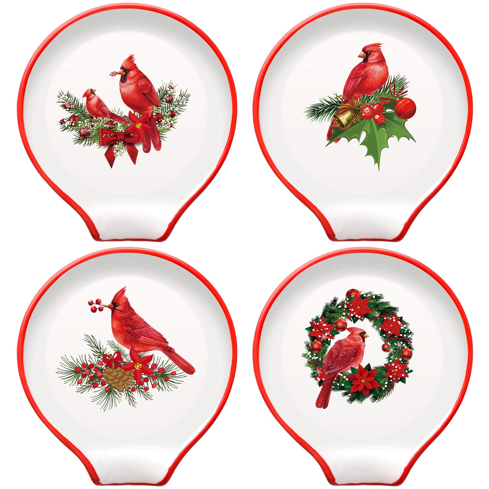 4 Pcs Cardinal Christmas Spoon Rest Set Cardinal Kitchen Decor Red Ceramic Spoon Rest for Stove Top, Winter Cardinals Birds Spoon Rest Xmas Gift for Cooking Utensil Holder Kitchen Counter Decor