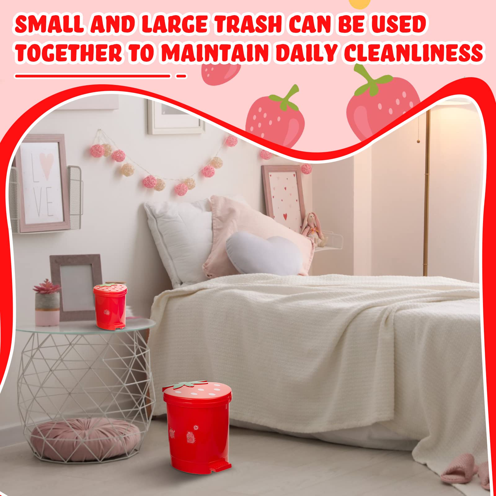 Tessco 2 Pieces Strawberry Desk Trash Can Cute Mini Countertop Trash Can with Lid Kawaii Small Garbage Can Plastic Waste Bin with Sticker for Car Office Home Bedroom Bathroom Kitchen Decor(Red)