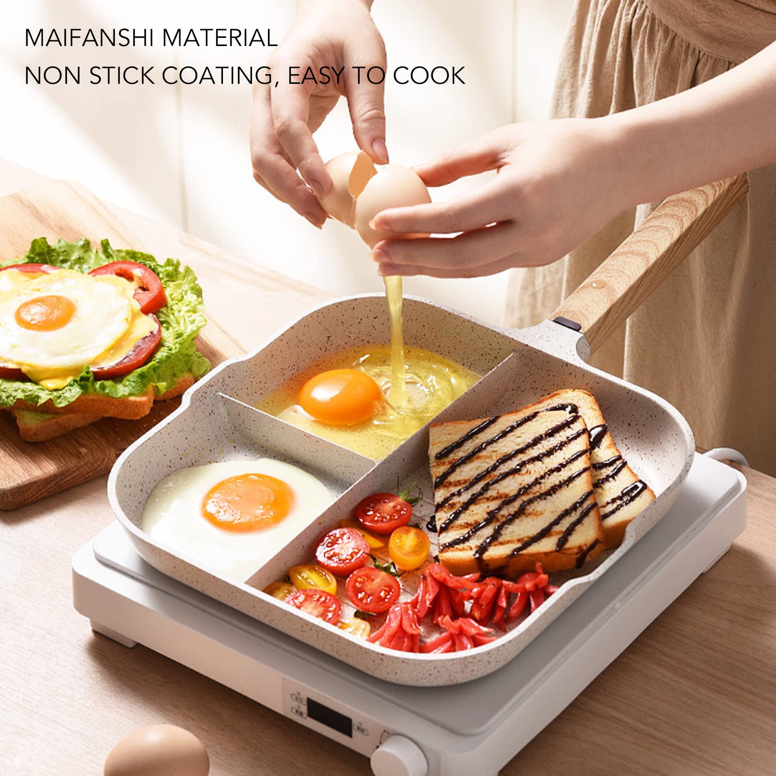 Zerodis 3 in 1 Frying Pan, Aluminum Alloy Partitioned Non Stick 3 Section Divided Breakfast Pan Grill Pan Partitioned Multifunction Kitchen Egg Pan for Breakfast