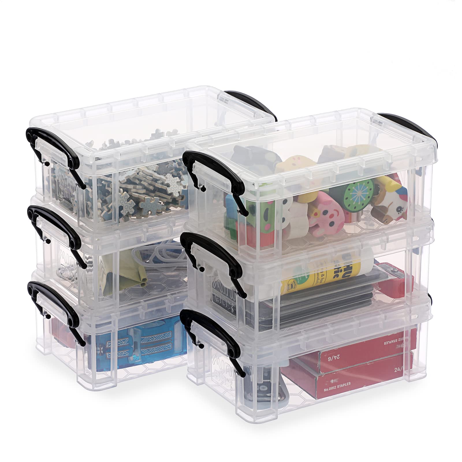 BTSKY 6 Pack Small Clear Plastic Storage Box with Lid Mini Sewing Box Organizer with Black Latch Stackable Craft Storage Containers Small Organizer Box for Stationery, Jewelry, and More