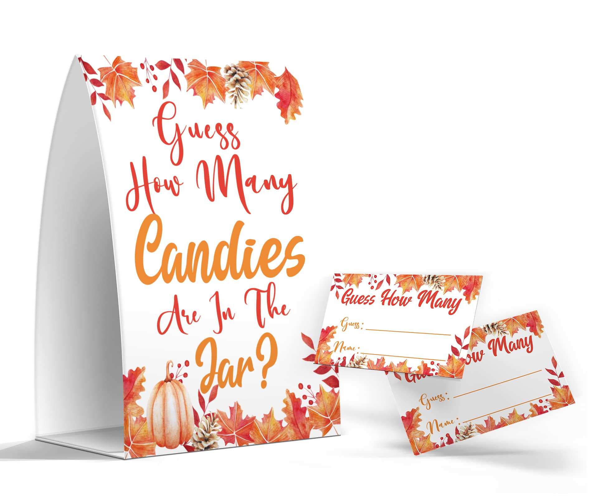 Guess How Many Candy Are In The Jar - Candy Guessing Game, Thanksgiving Party Games, 1 Sign and 50 Game Cards, Fall Maple Leaf, Pumpkin, Baby Shower Games, Birthday Party -GH004