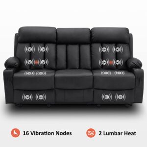 MCombo Power Reclining Sofa with Heat and Vibration,USB Ports, Cup Holders,3-Seat Dual Recliner Sofa for Living Room 6077(Black, Reclining Sofa)