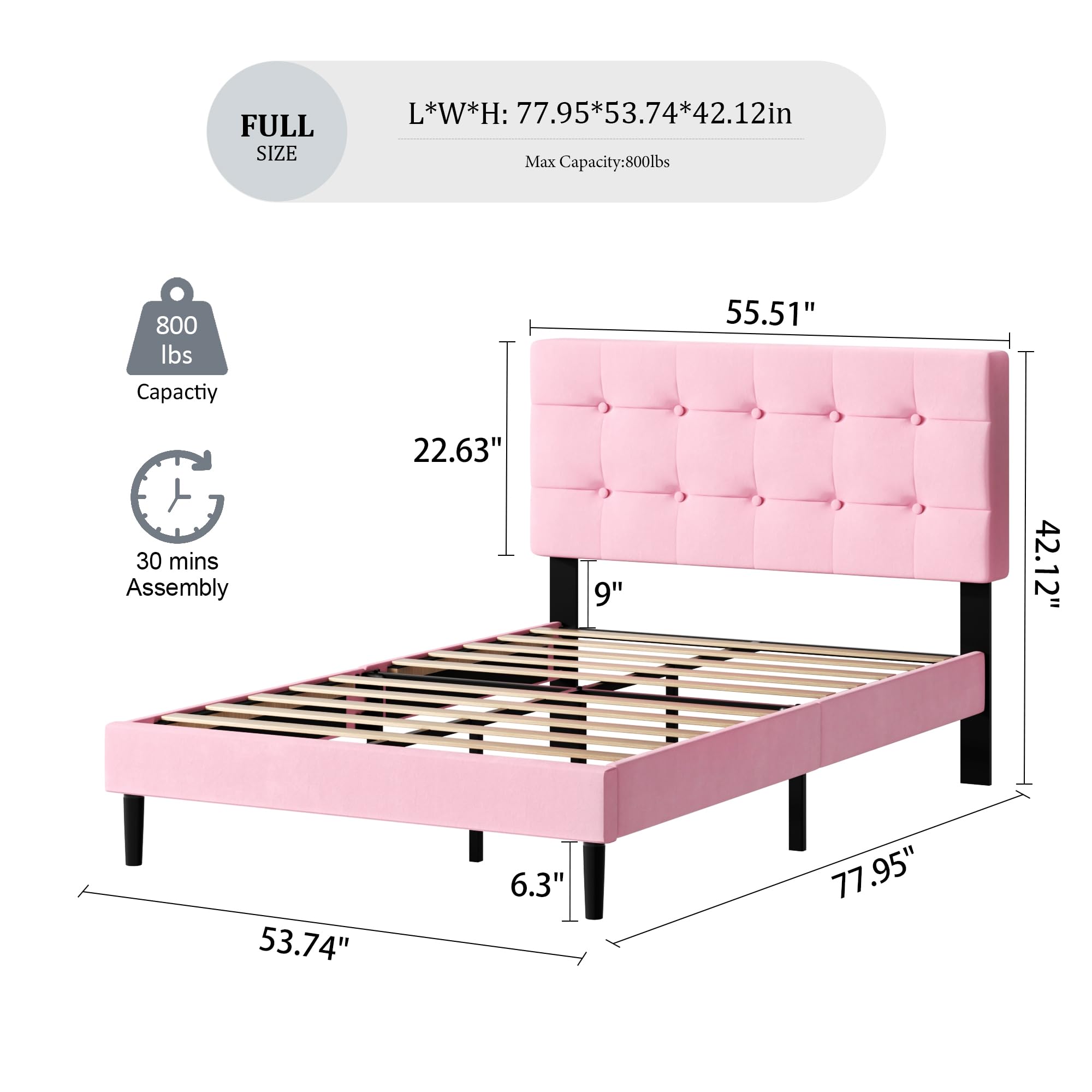 UNIZONE Full Size Bed Frame with Button Tufted Upholstered Headboard, Velvet Platform Bed with Wood Slats Support, Mattress Foundation, No Box Spring Needed, Easy Assembly, Pink