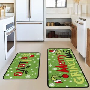 Faptoena Merry Grinchmas Christmas Kitchen Rugs and Mats Set of 2,Christmas Kitchen Decoration,Non Slip Absorbent Kitchen Mat Waterproof Runner Rug for Laundry Room and Sink