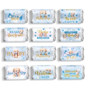 baby shower candy wrappers, shower mini candy bar miniatures wrappers chocolate bar label stickers for boys girls kids baby shower decor (no candy)(blue bear, 90 pieces)