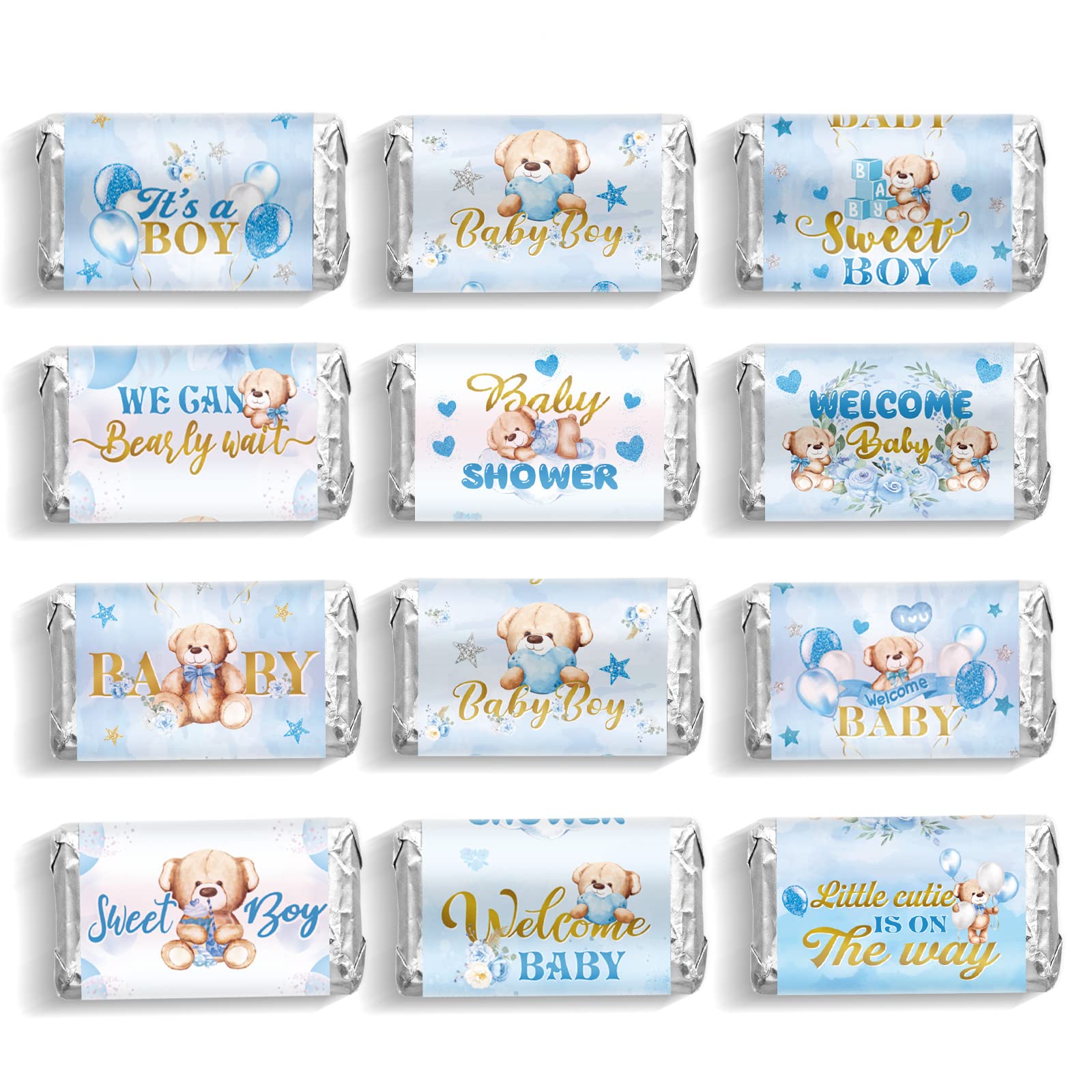 Baby Shower Candy Wrappers, Shower Mini Candy Bar Miniatures Wrappers Chocolate Bar Label Stickers for Boys Girls Kids Baby Shower Decor (No Candy)(Blue Bear, 90 Pieces)