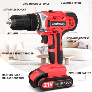 GardenJoy Cordless Power Drill Set: 21V Electric Drill with Fast Charger 3/8-Inch Keyless Chuck 2 Variable Speed 24+1 Torque Setting and 30pcs Drill/Driver Bits with Power Tool Bag