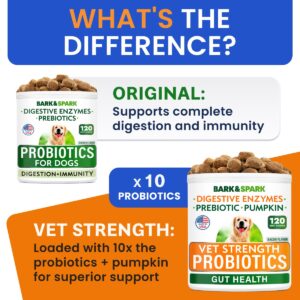 Bark&Spark Vet Strength Dog Probiotics Chews & Digestive Enzymes for Allergies Itchy Skin - Dogs Digestive Health - Gas, Diarrhea, Constipation Relief Pills - Prebiotics for Dogs Gut Health (120 Ct)