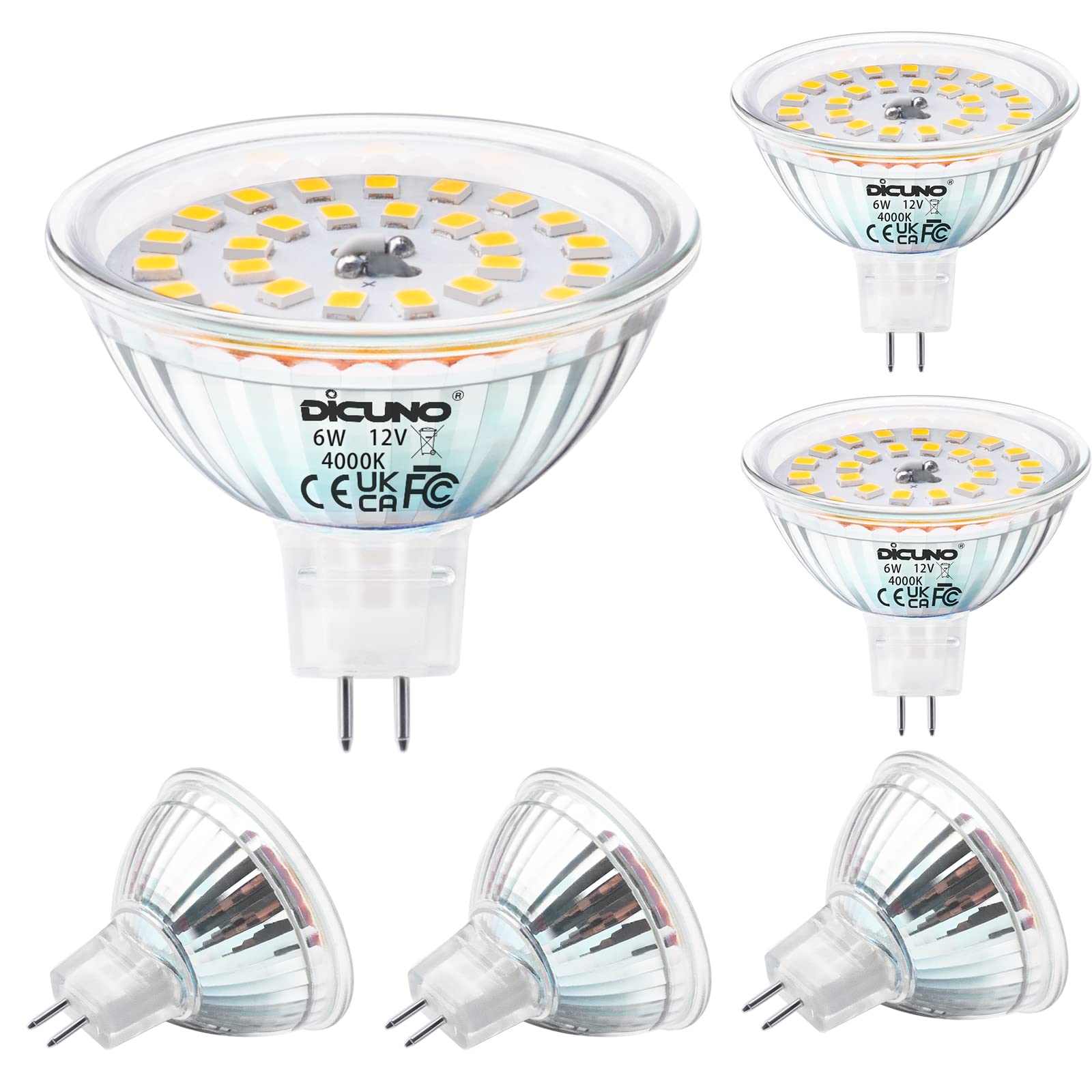 DiCUNO 6W MR16 LED Bulbs, 850LM 70W Halogen Equivalent, GU5.3 Bi-Pin Base Light Bulb 4000K Natural White, 12V Non-Dimmable 120 Degree Beam Angle, Replacement for Spotlight, Tracking Lighting, 6 Packs