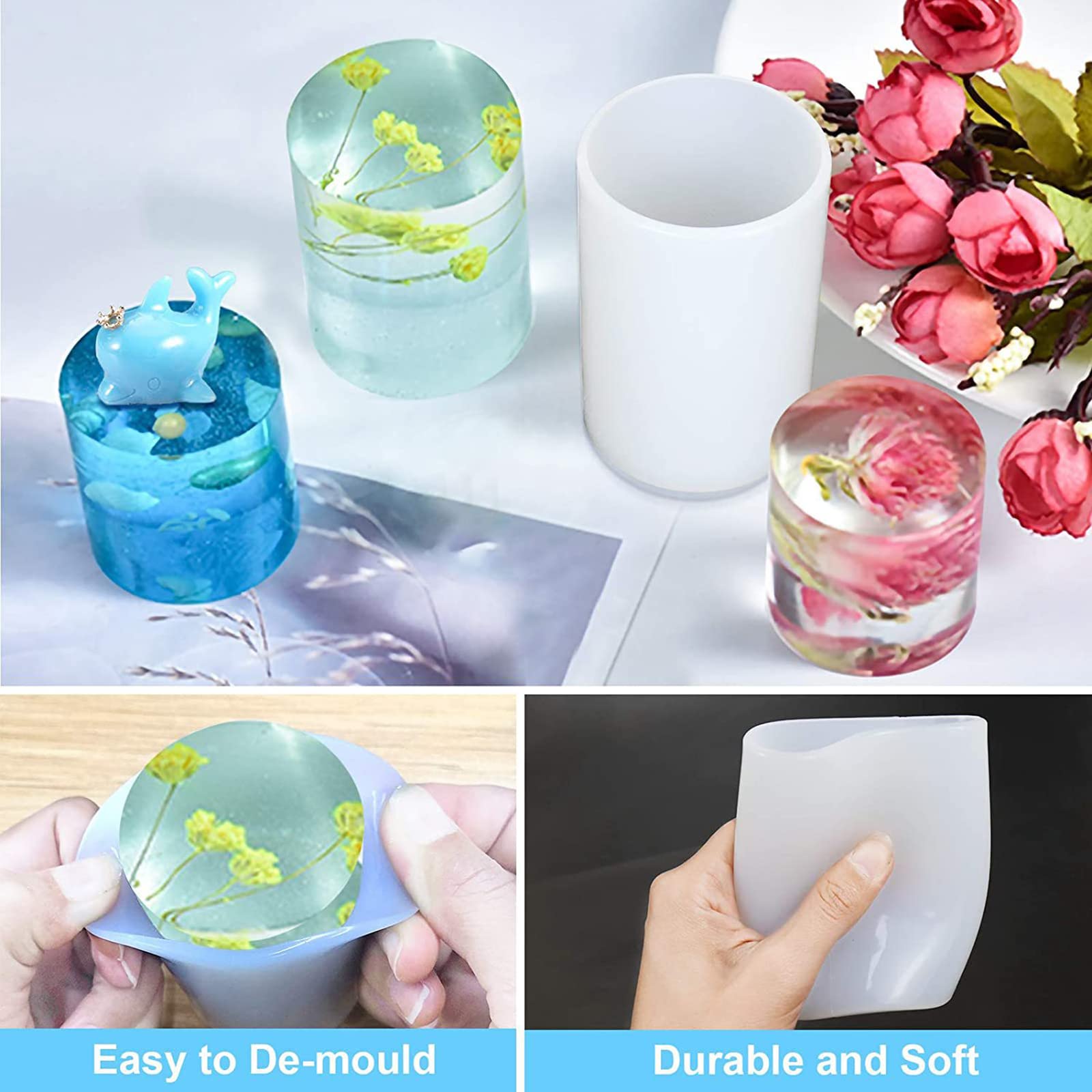 2 Pack Cylinder Mold Flower Mold Table Decoration Resin Mold Round Candle Mold 3D Cylinder Candle Mold Chocolate Mold Silicone Mold for Resin Candle Mold Handmade Candle Mold Cylinder Soap Mold