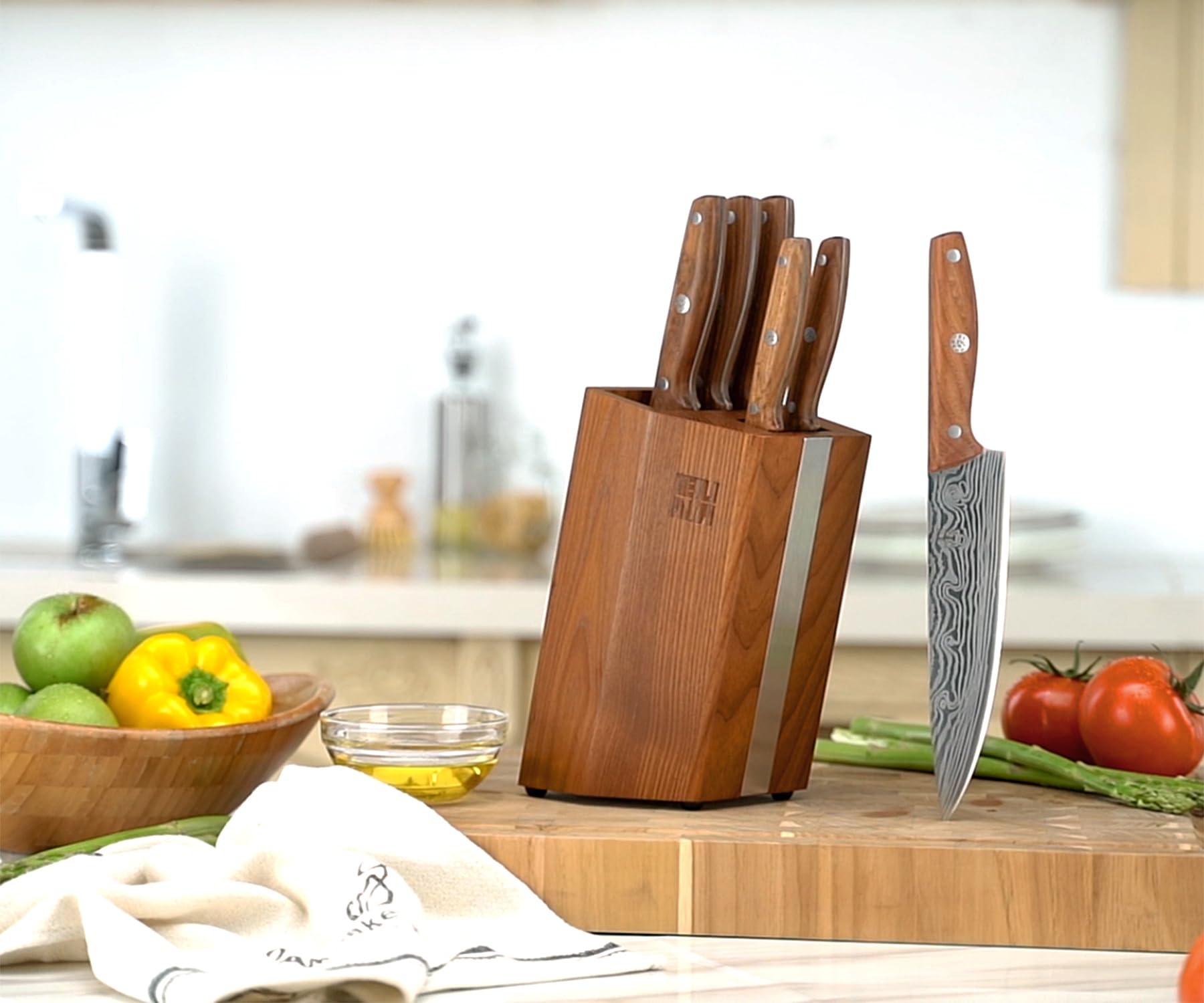 Knife Set, 7 Pieces Knife Block Set, EUNA Kitchen Knife Set with Wooden Handle, Japanese Stainless Steel Chef Knife Set Professional Cooking Knives, Silver