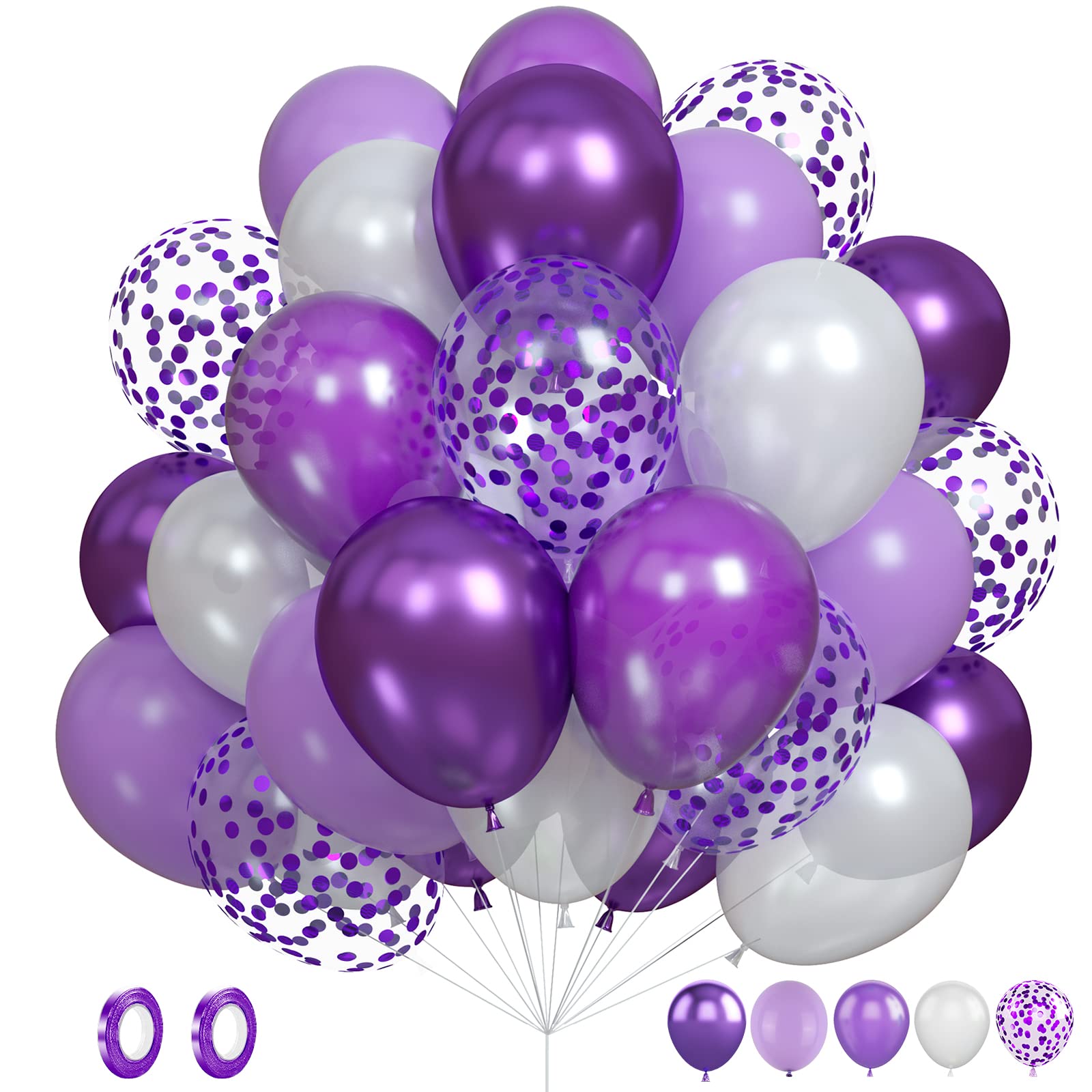 Purple Balloons Set, 60PCS Purple White Birthday Balloons, Metallic Purple Confetti Balloons Pearl Purple Latex Balloons Helium Wedding Party Balloons for Birthday Bridal Shower Baby Shower Supplies