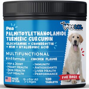 pet lol turmeric curcumin for dogs + palmitoylethanolamide micronized pea 99%: 6-in-1 hip & joint health with glucosamine, chondroitin, msm & hyaluronic acid - pet antioxidant & anti-inflammatory