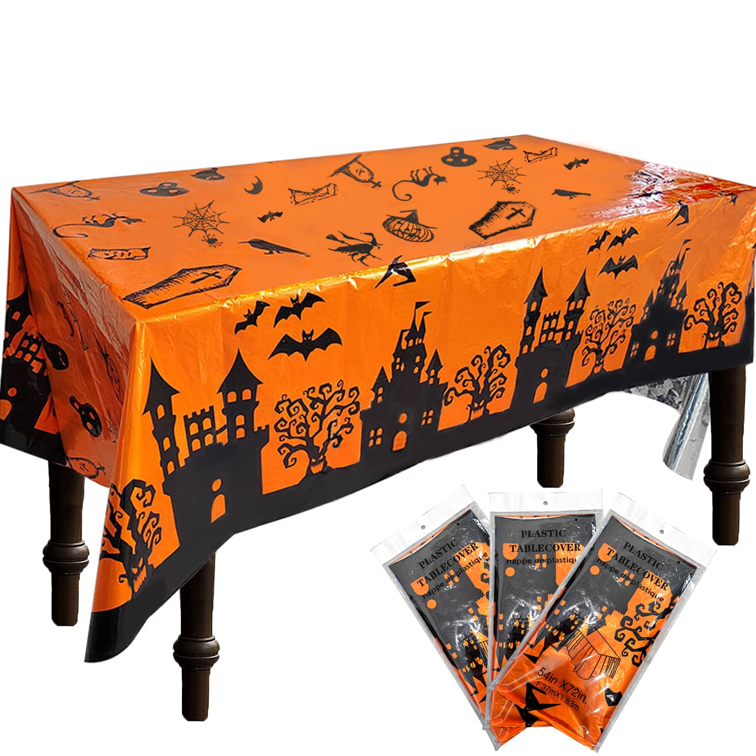 IAXSEE 3 Packs Waterproof Halloween Tablecloth, Rectangle Disposable Table Cover Plastic Table Cloths for Halloween Party Decoration Supplies, 54 x 73 inches