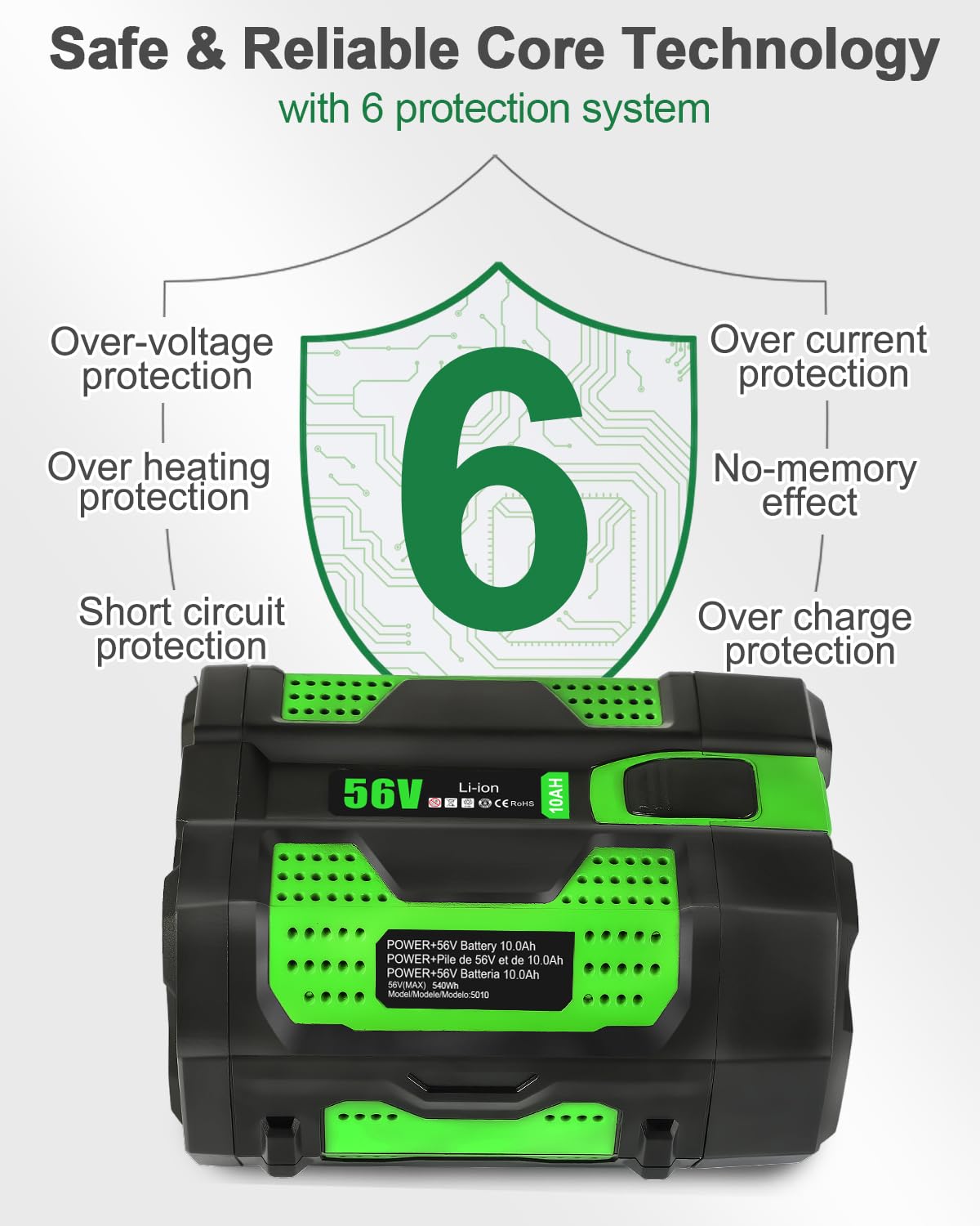 Aoasur 10.0Ah Battery Replacement for EGO 56V Battery （10.0AH-Green）