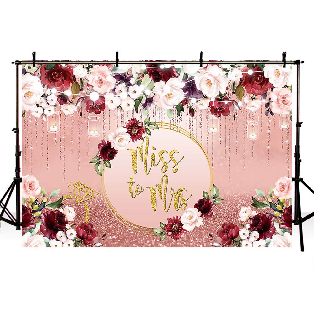 AIBIIN 7x5ft Miss to Mrs Backdrop for Bridal Shower Rose Gold Glitter Bokeh Pink Burgundy Floral Photography Background Wedding Bride to Be Engagement Party Decorations Banner Photo Booth Props