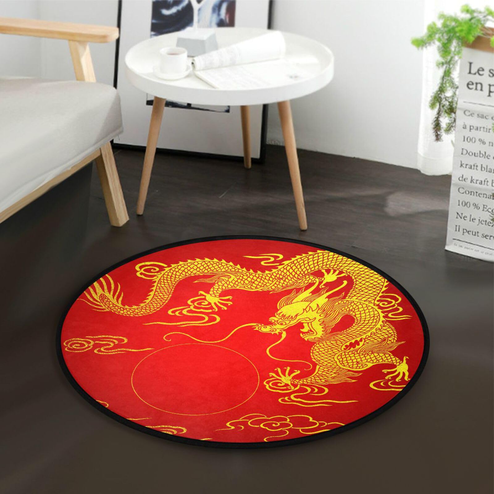 ALAZA Dragon Gold Red Chinese Round Area Rug,Non Slip Absorbent Comfort Round Rug,Washable Floor Carpet Yoga Mat for Entryway Living Room Bedroom Sofa Home Decor