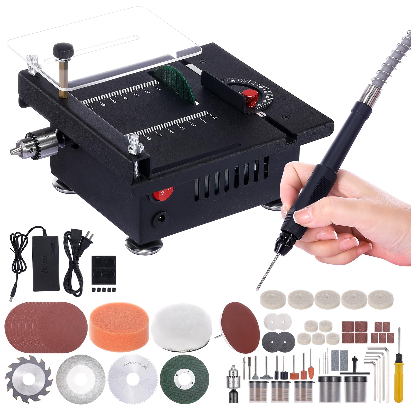 Mulcort 100W Multi-Functional Table Saw Mini Desktop Electric Saw Cutter Speed & Angle Adjustable 16MM Cutting Depth with Blade Flexible Shaft and More Accessories for Wood Plastic Acrylic Cutting