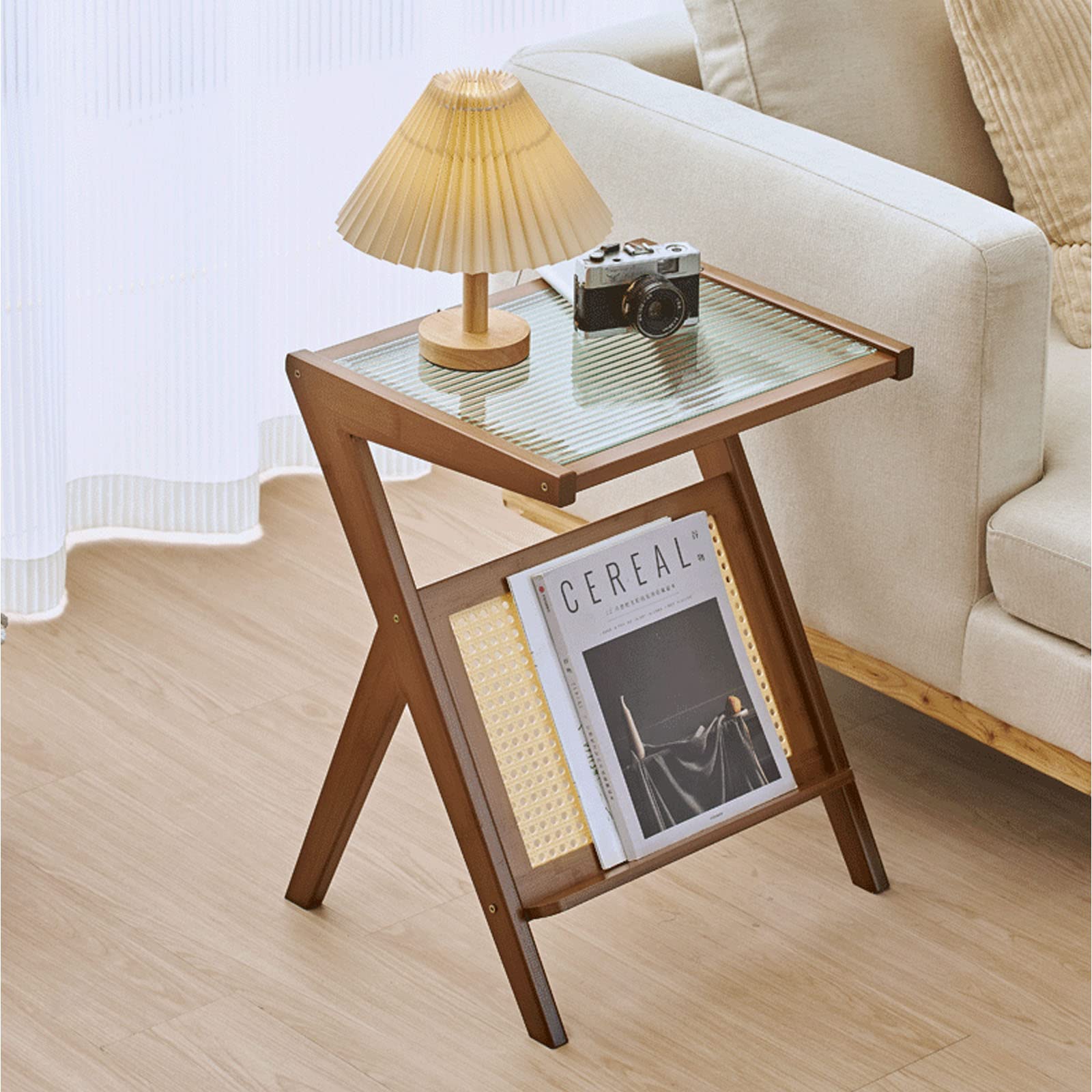 RêveLife Rattan End Table with Magazine Rack Glass-top Bamboo Sofa Side Table Accent Bedside Nightstand Boho Z Shaped Coffee Table for Bedroom Living Room Small Space, Walnut