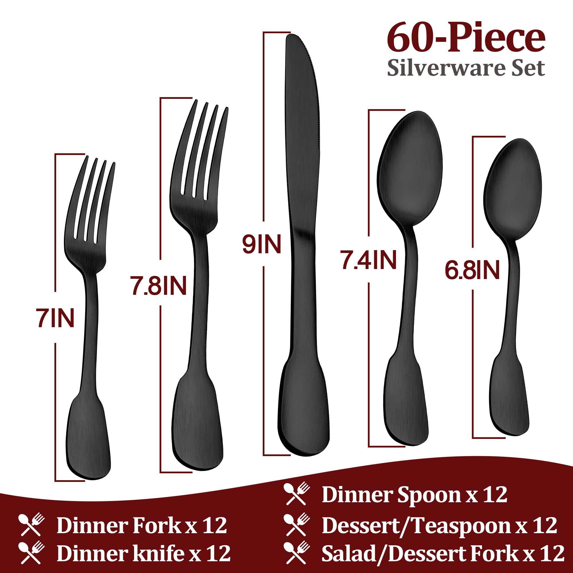 Matte Black Silverware Set for 12, E-far 60-Piece Stainless Steel Flatware Cutlery Set with Design Handle, Modern Metal Tableware Eating Utensils for Kitchen Restaurant Wedding, Dishwasher Safe