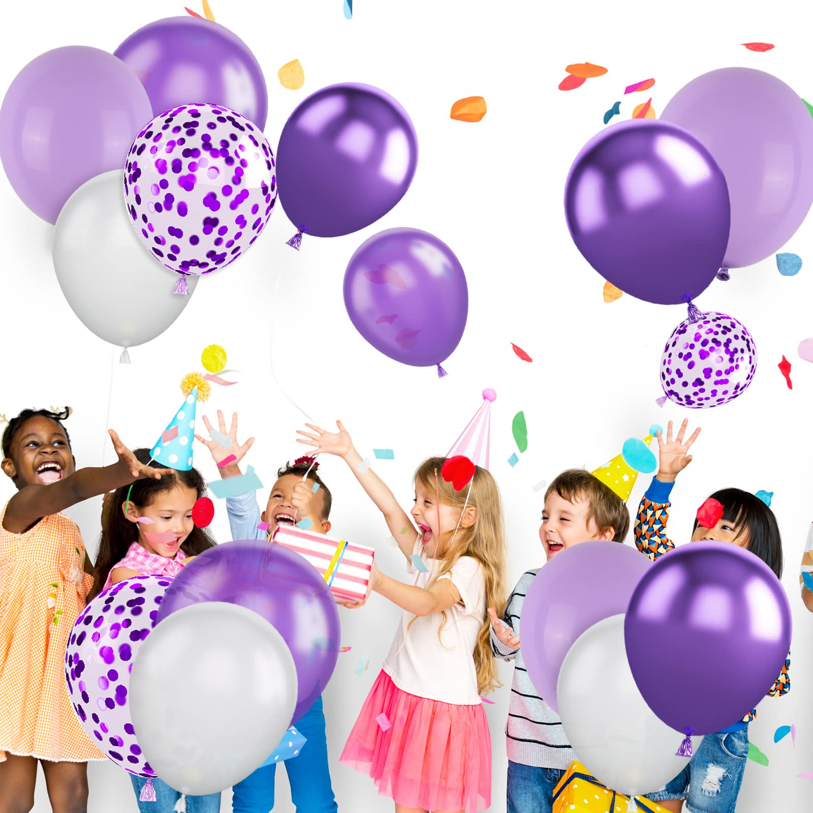 Purple Balloons Set, 60PCS Purple White Birthday Balloons, Metallic Purple Confetti Balloons Pearl Purple Latex Balloons Helium Wedding Party Balloons for Birthday Bridal Shower Baby Shower Supplies