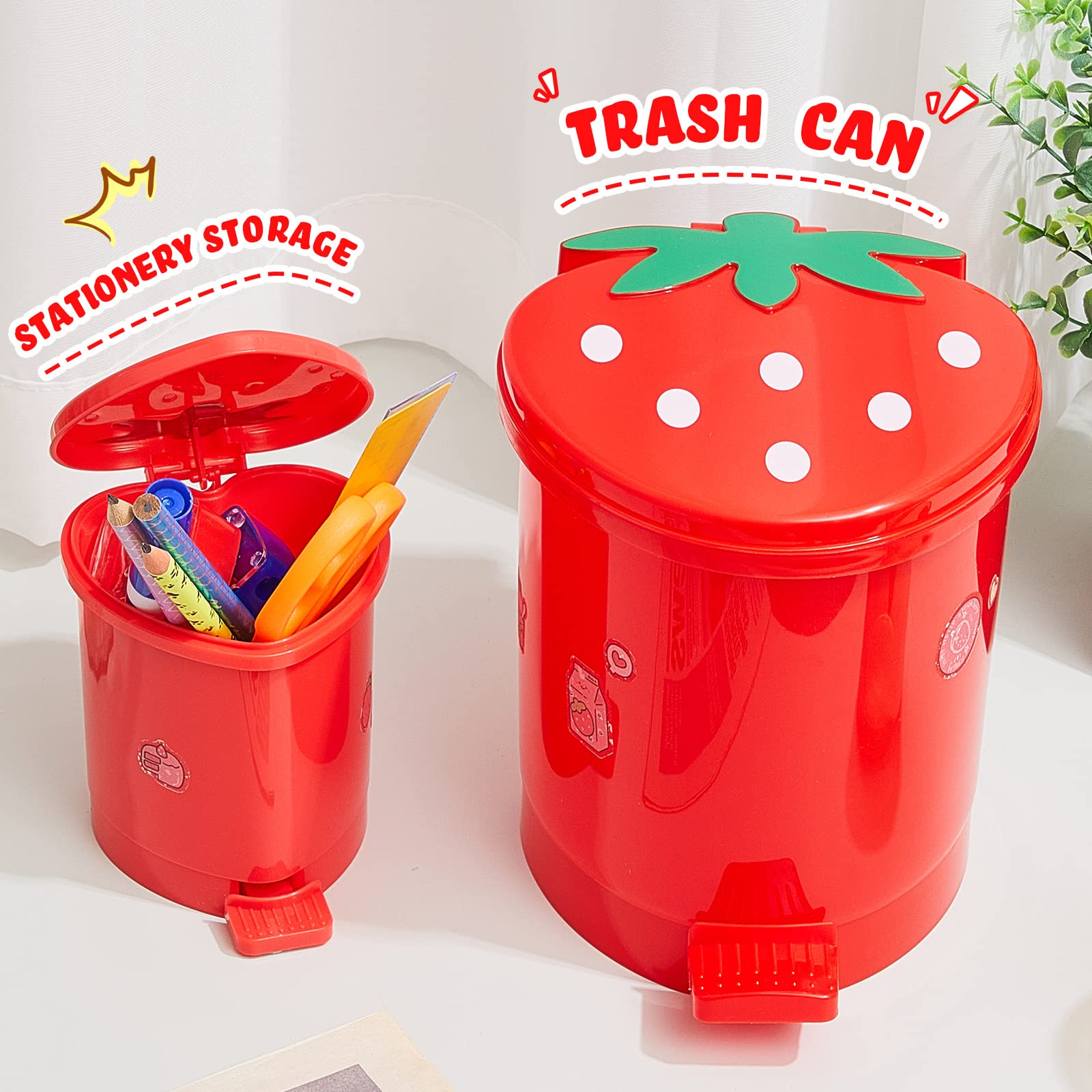 Tessco 2 Pieces Strawberry Desk Trash Can Cute Mini Countertop Trash Can with Lid Kawaii Small Garbage Can Plastic Waste Bin with Sticker for Car Office Home Bedroom Bathroom Kitchen Decor(Red)