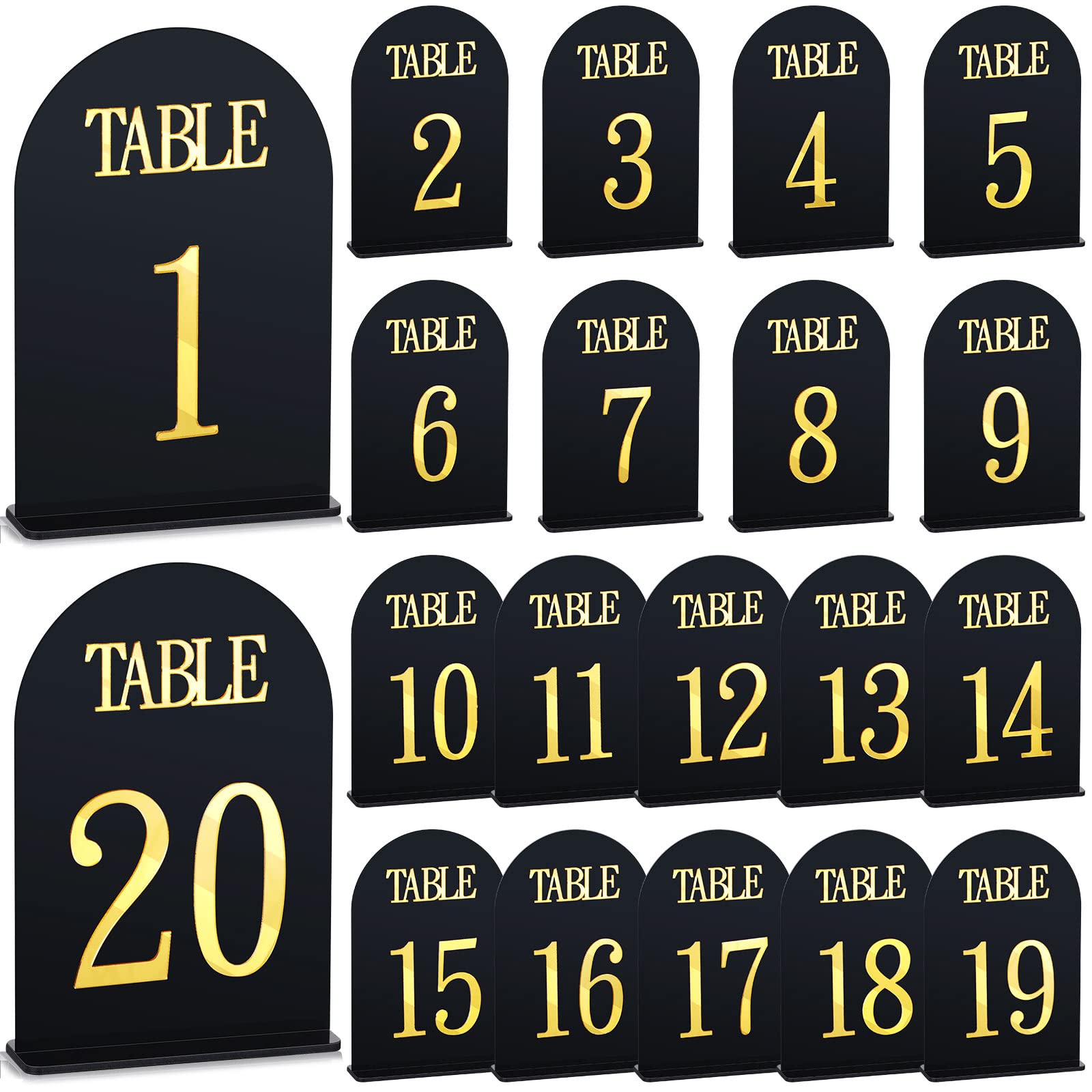 20 Pcs Table Numbers 1-20 Wedding Table Numbers Blank Acrylic Table Numbers Gold Table Numbers for Wedding Reception Stands Seat Numbers with Holder Base for Catering (Arched Style)