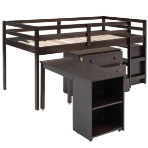 CITYLIGHT Twin Size Loft Bed with Desk, Low Study Twin Loft Bed Frame, with Cabinet and Rolling Portable Desk, Low Twin Loft Bed for Kids and Teens (Espresso)