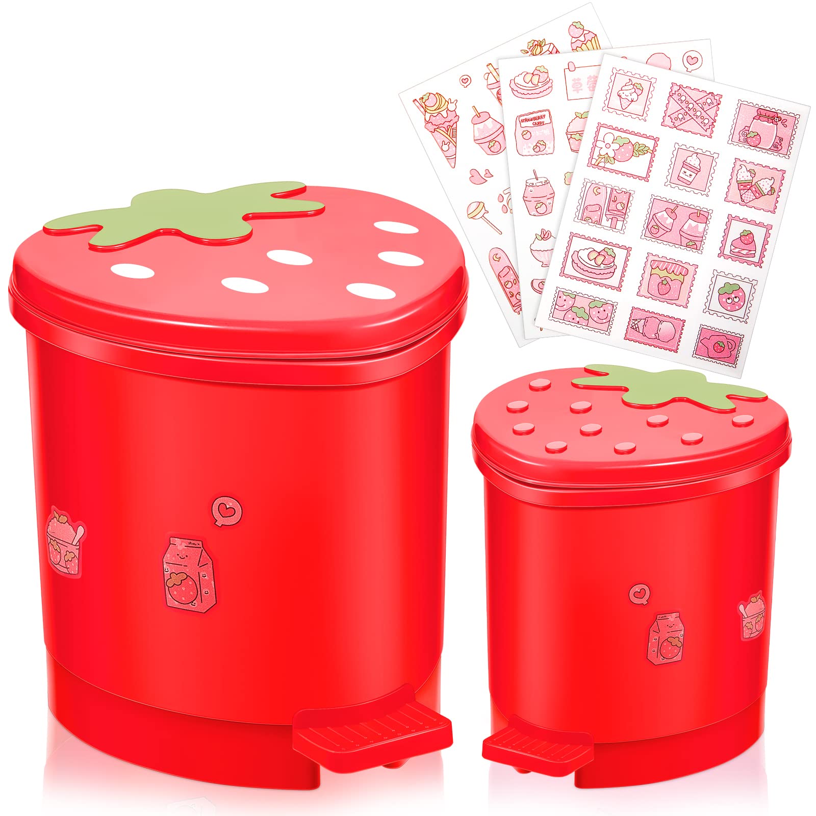 Tessco 2 Pieces Strawberry Desk Trash Can Cute Mini Countertop Trash Can with Lid Kawaii Small Garbage Can Plastic Waste Bin with Sticker for Car Office Home Bedroom Bathroom Kitchen Decor(Red)