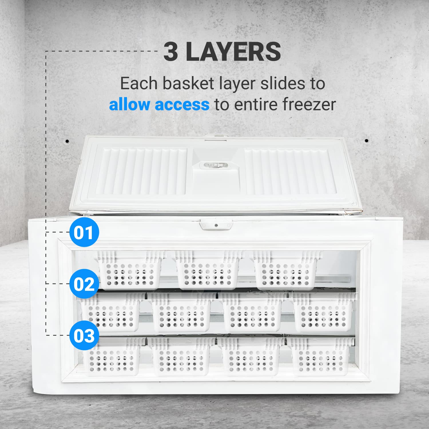 FreezerMax System. Organizer for Freezers 8 to 15 cubic feet. Creates 3 levels of sliding baskets. 8 bins and magnetic organizer. PLEASE MEASURE YOUR FREEZER BEFORE ORDERING.