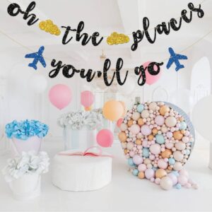 INNORU Oh The Places You'll Go Banner - Travel Theme Farewell Party Bunting Decor - Bon Voyage - Birthday Anniversary Graduation Baby Shower Party Decorations, Black Glitter