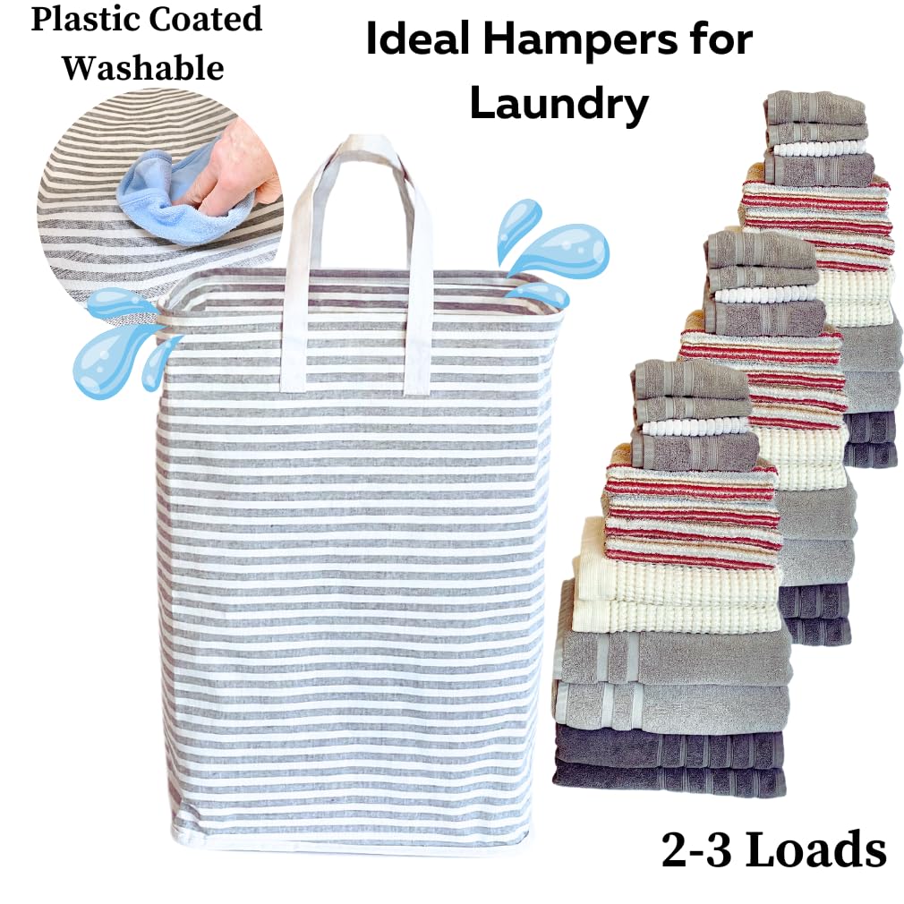 Evelots Large Laundry Hamper - Freestanding and Collapsible - Waterproof - Clothes, Toys Basket with Carry Handles - 80 Liters, 21 Gallon - Up to 4 Large Loads - Solid Wire Top Frame - Gray Striped