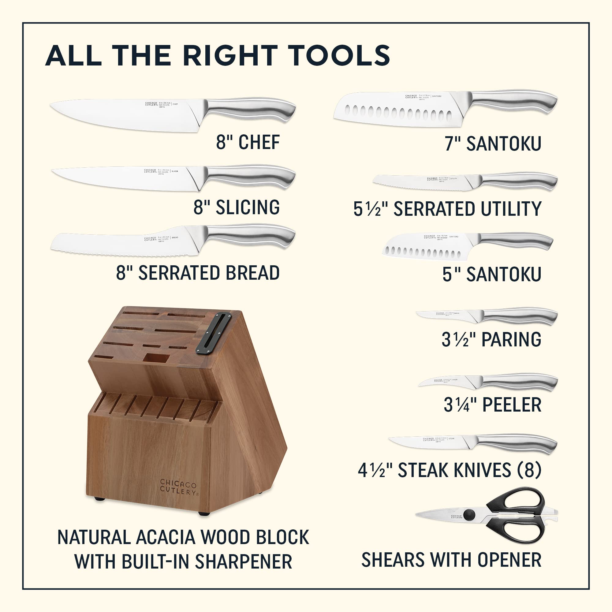 Chicago Cutlery Insignia Steel (18-PC) Kitchen Knife Block Set & Built-In Sharpener, Contoured Ergonomic Handles and Sharp Stainless Steel Professional Chef Knife Set & Scissors With Bottle Opener