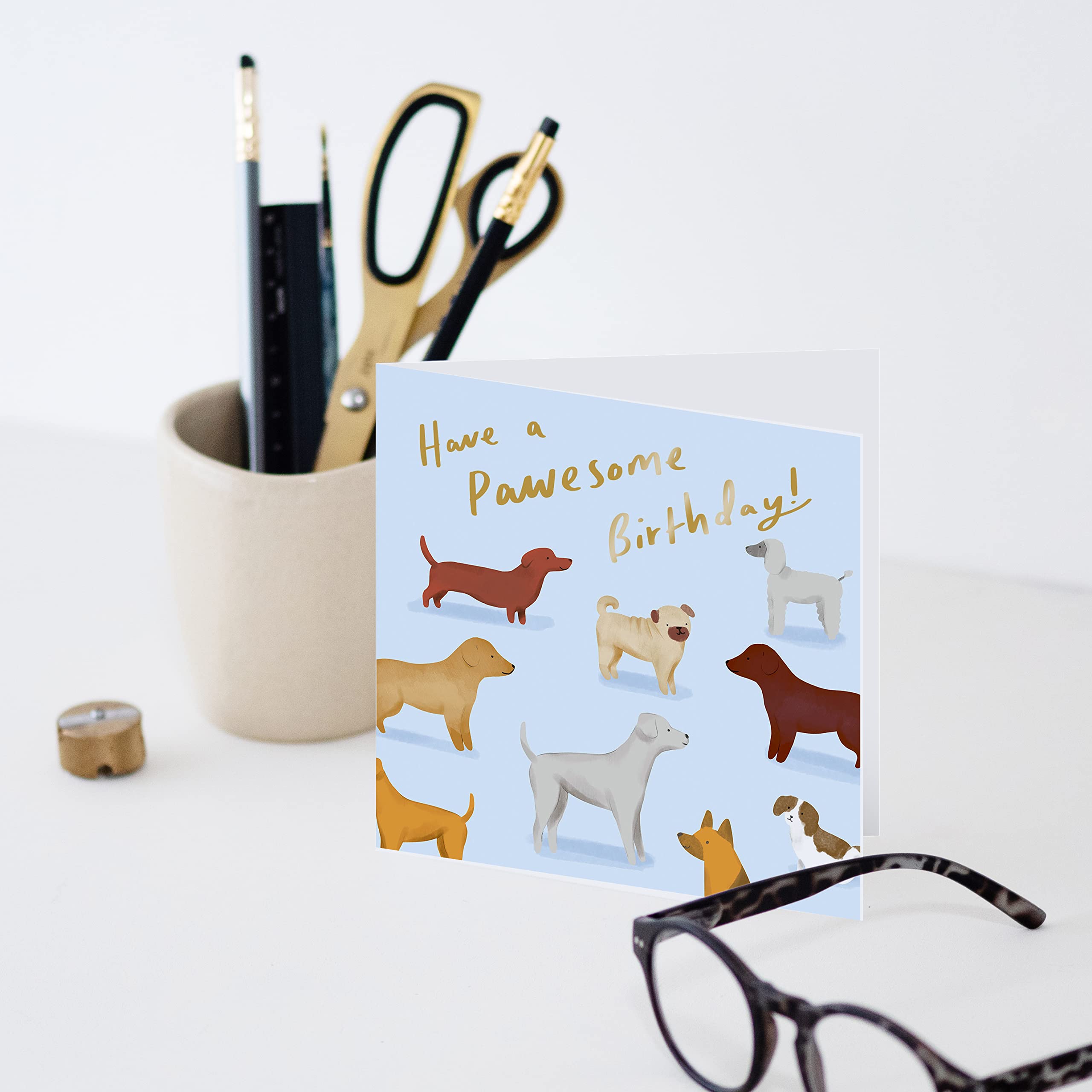 Old English Co. Dog Pawesome Birthday Card - Cute Doggie Gold Foil Sparkle Card | Funny Pun Animal Birthday Wishes for Men and Women | Blank Inside & Envelope Included