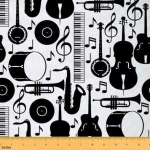 music fabric by the yard, guitar upholstery fabric, musical note decorative fabric, rock instrument indoor outdoor fabric, key cello record drum tuba diy art waterproof fabric, black white, 1 yard