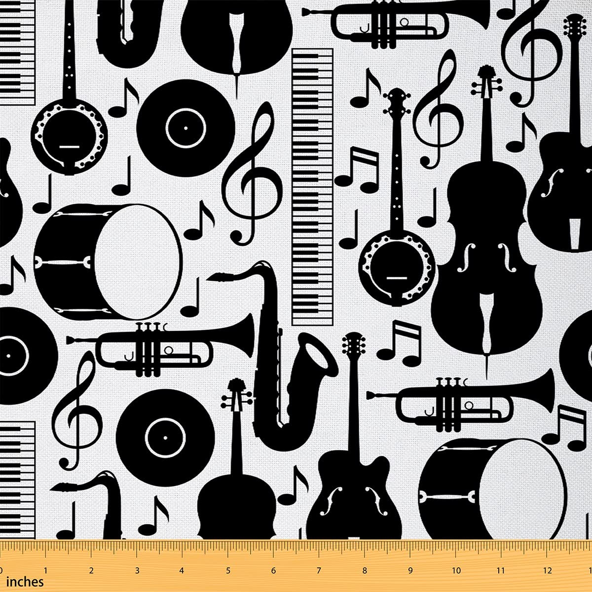 Music Fabric by The Yard, Guitar Upholstery Fabric, Musical Note Decorative Fabric, Rock Instrument Indoor Outdoor Fabric, Key Cello Record Drum Tuba DIY Art Waterproof Fabric, Black White, 1 Yard