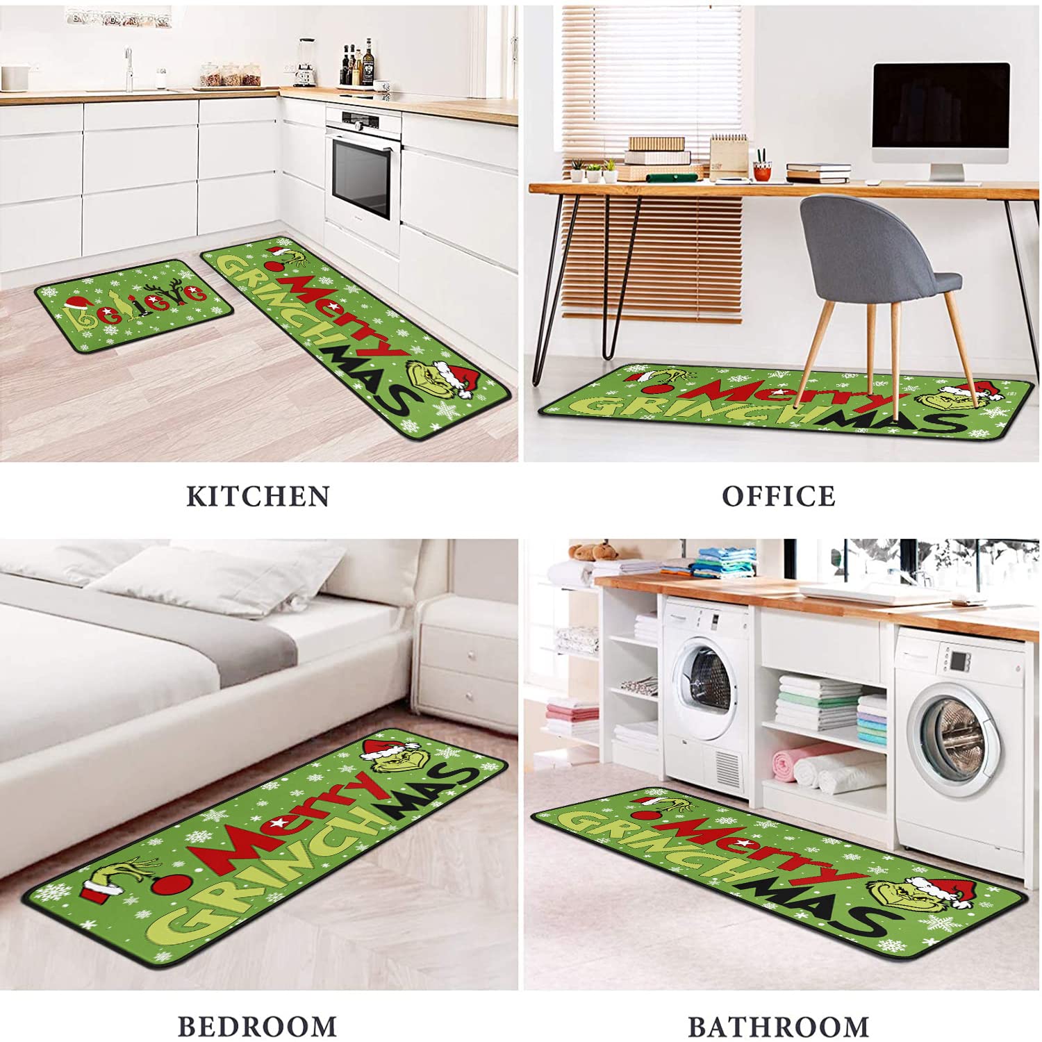 Faptoena Merry Grinchmas Christmas Kitchen Rugs and Mats Set of 2,Christmas Kitchen Decoration,Non Slip Absorbent Kitchen Mat Waterproof Runner Rug for Laundry Room and Sink