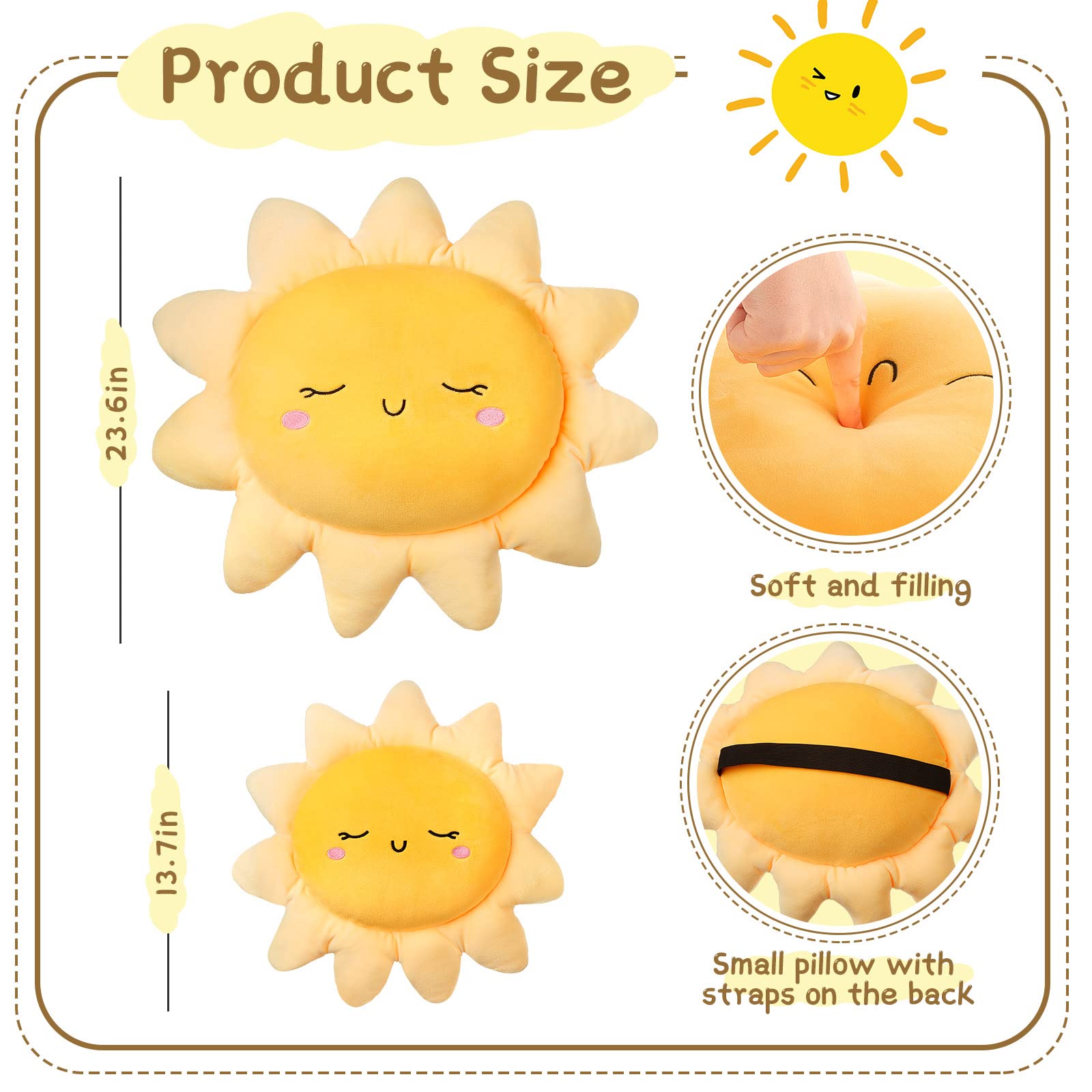 2 Pcs Sun Pillow Plush Sofa Cushion Pillow Cute Stuffed Sun Cushion Sun Shaped Floor Pillow Car Throw Pillow Plush Soft Toy for Kids Women Girls Bedside Home Decoration 13.7 Inch, 23.6 Inch