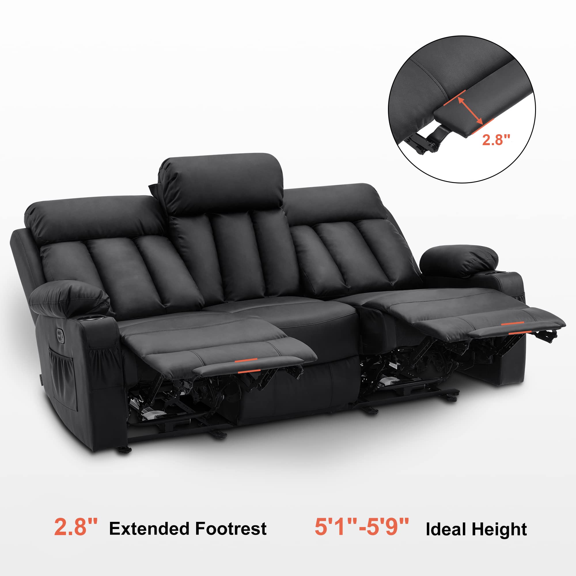 MCombo Power Reclining Sofa with Heat and Vibration,USB Ports, Cup Holders,3-Seat Dual Recliner Sofa for Living Room 6077(Black, Reclining Sofa)