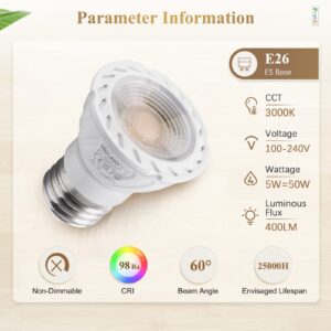 DiCUNO PAR16 LED Bulb 5W, 50W Halogen Equivalent, 3000K Warm White High CRI 98, 100-240V E26 Base Light Bulb 400 Lumens Non-Dimmable Spotlight, 60 Degree Beam Angle, 2 Packs