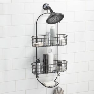 mDesign Steel Metal Curved Bathroom/Shower Caddy, Hanging Storage Organizer for Shampoo and Conditioner Bottles - 2-Tier Rack with Baskets - Holder for Soap, Body Wash, Concerto Collection, Black