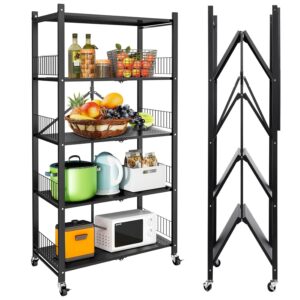 guuvor shelf collapsible/foldable heavy duty shelving unit, steel organizer wire rack with wheels, rolling cart, home kitchen laundry closet storage (5-tier)