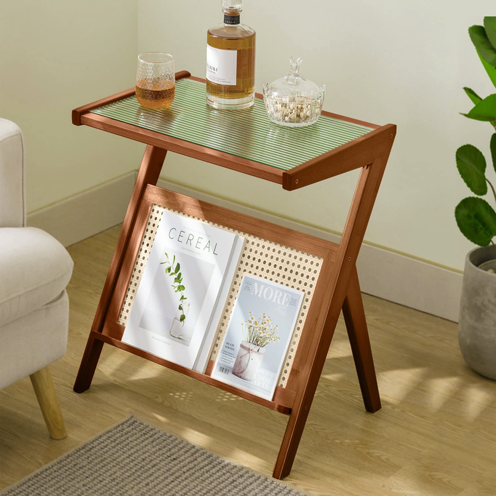 RêveLife Rattan End Table with Magazine Rack Glass-top Bamboo Sofa Side Table Accent Bedside Nightstand Boho Z Shaped Coffee Table for Bedroom Living Room Small Space, Walnut