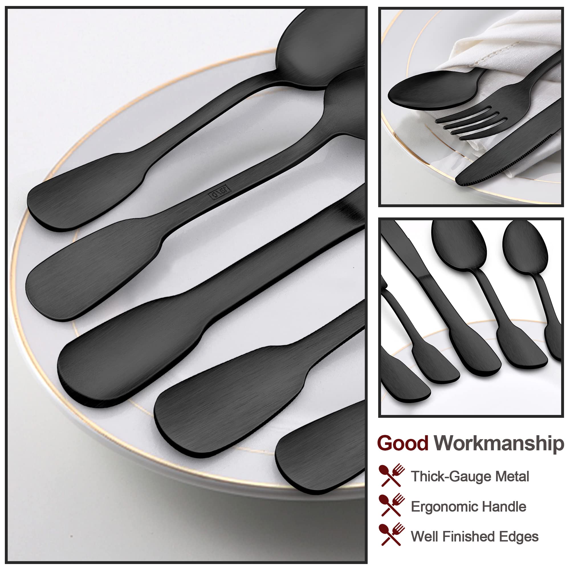 Matte Black Silverware Set for 12, E-far 60-Piece Stainless Steel Flatware Cutlery Set with Design Handle, Modern Metal Tableware Eating Utensils for Kitchen Restaurant Wedding, Dishwasher Safe