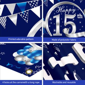 Kauayurk Blue Silver 15th Birthday Banner Decorations for Boys, Happy 15 Birthday Backdrop Party Supplies, Fifteen Birthday Poster Photo Props Background Sign Decor